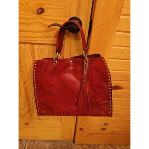 David Jones Leather Tote Bag Red/Gold Studs Handbag With Removable Interior Bag